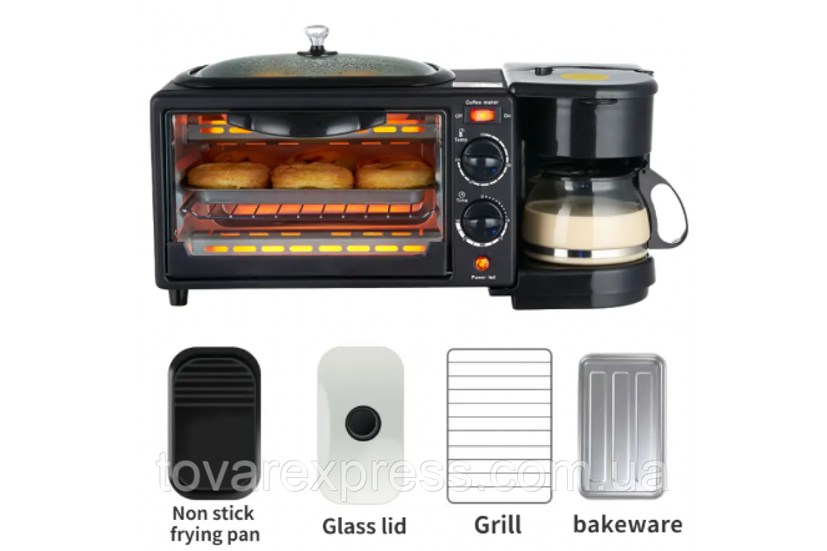 Печь электрическая настольная для кухни с кофеваркой и сковородой Gold Diamond, электропечь, сковорода,TE - фото 2 - id-p2112614962