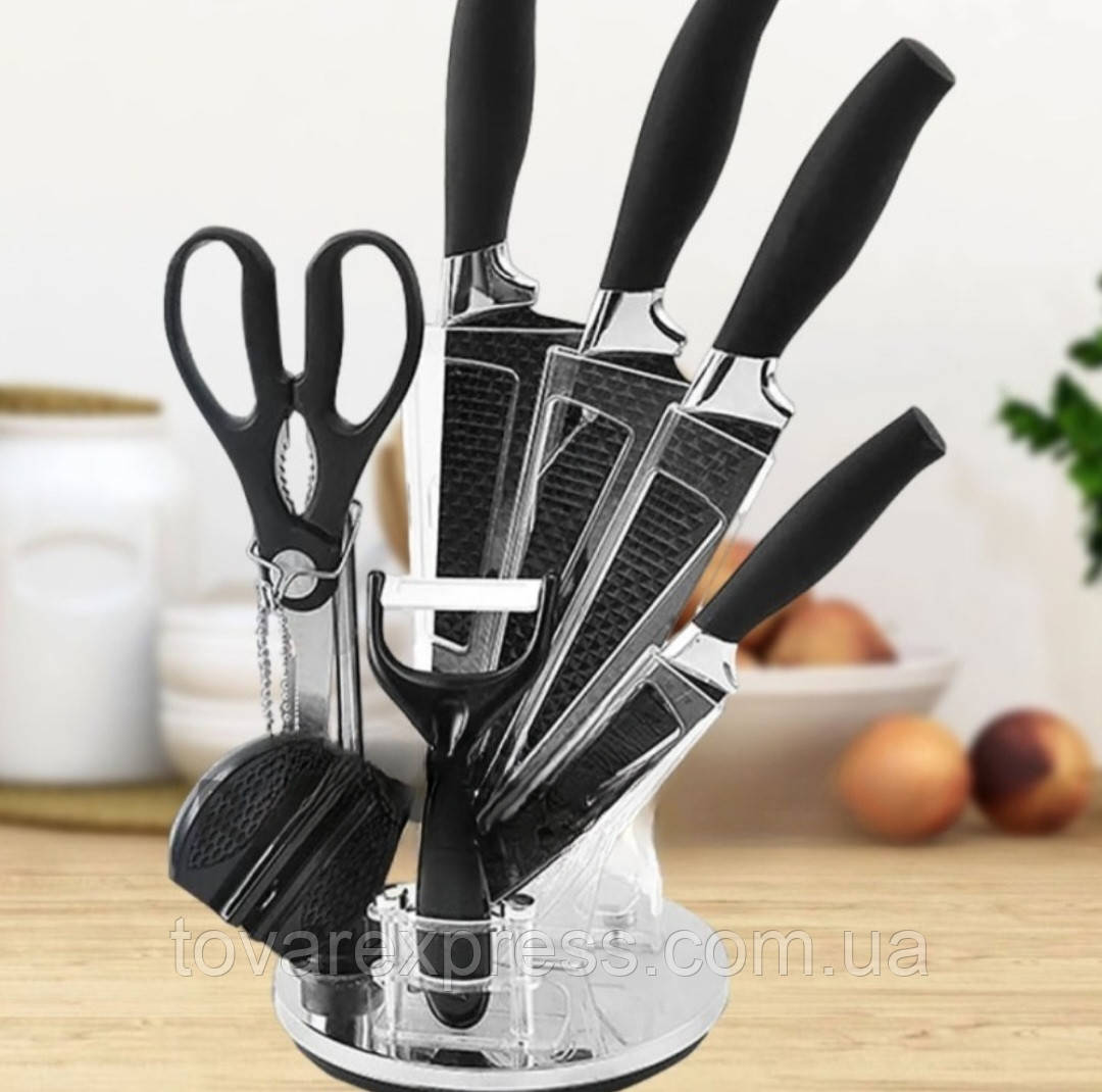 Набор ножей на подставке из 8 предметов: 4 ножа, ножницы и овощечистка,TE - фото 1 - id-p2112614970