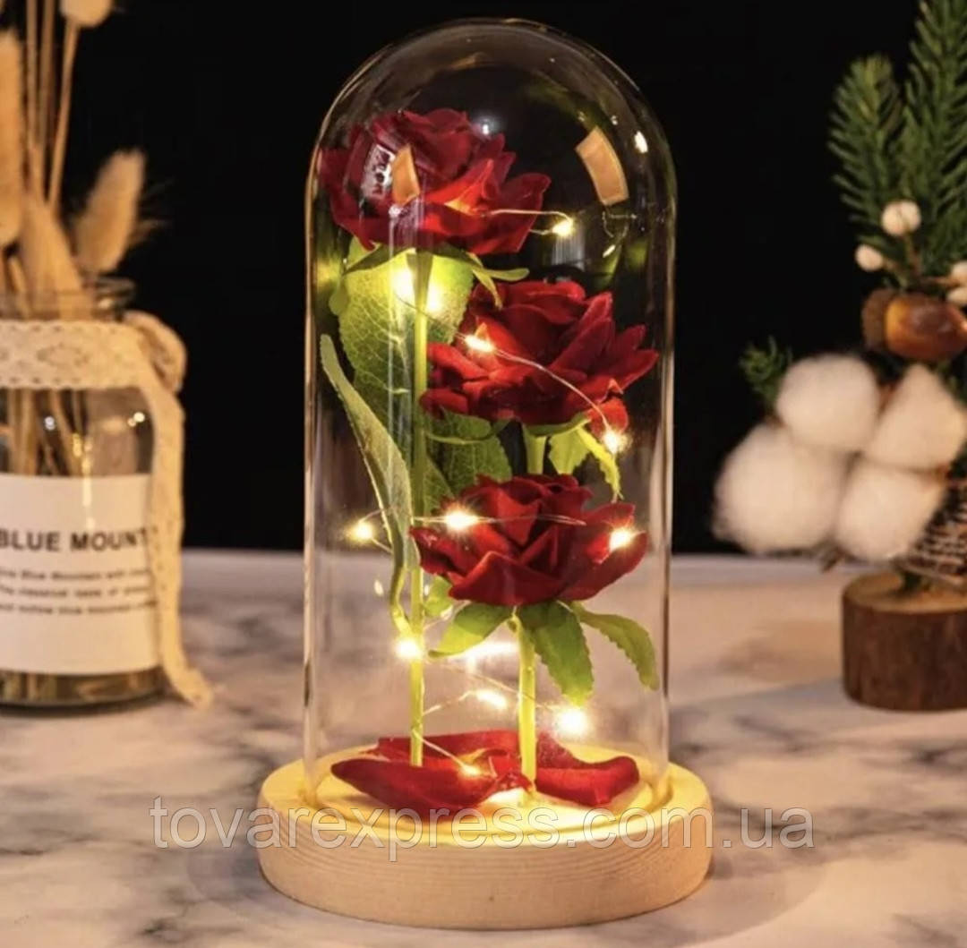 Тройная роза в колбе с LED подсветкой, на батарейках, ночник три розы, подарок для девушки,TE - фото 4 - id-p2112614974