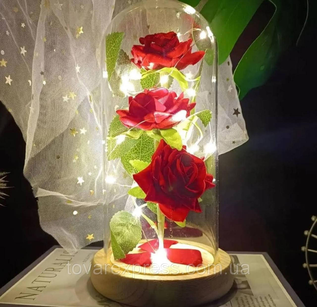 Тройная роза в колбе с LED подсветкой, на батарейках, ночник три розы, подарок для девушки,TE - фото 5 - id-p2112614974
