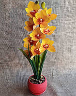Искусственная латексная орхидея цимбидиум в керамическом кашпо жёлтая