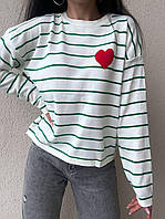 Женский свитер тельняшка свободного фасона с сердцем на груди (р. 42-46) 9KF3331 Белый с зеленой полоской