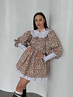 Короткое платье в цветочный принт с белым воротником и рукавами фонариками с манжетами (р. 42-46) 66PL5558Q