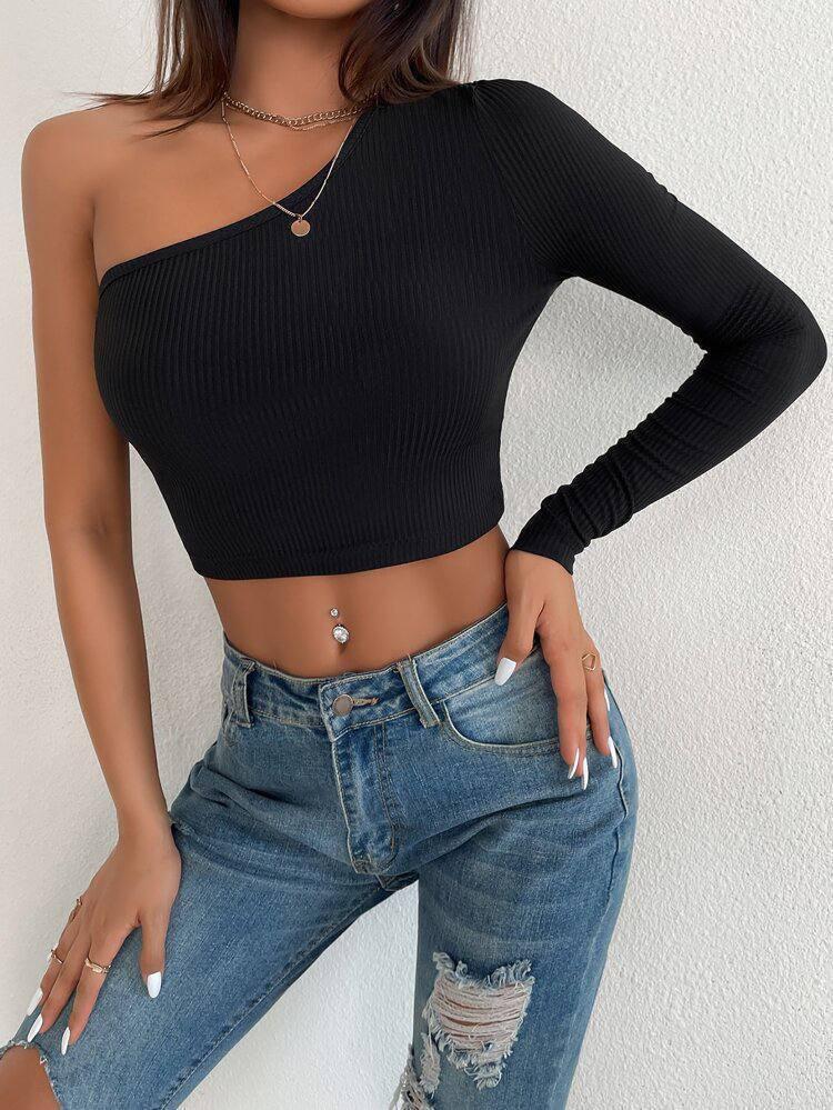 Жіночий кроп топ з одним рукавом та вирізами на спині (р. 42-46) 2FU1199, фото 1