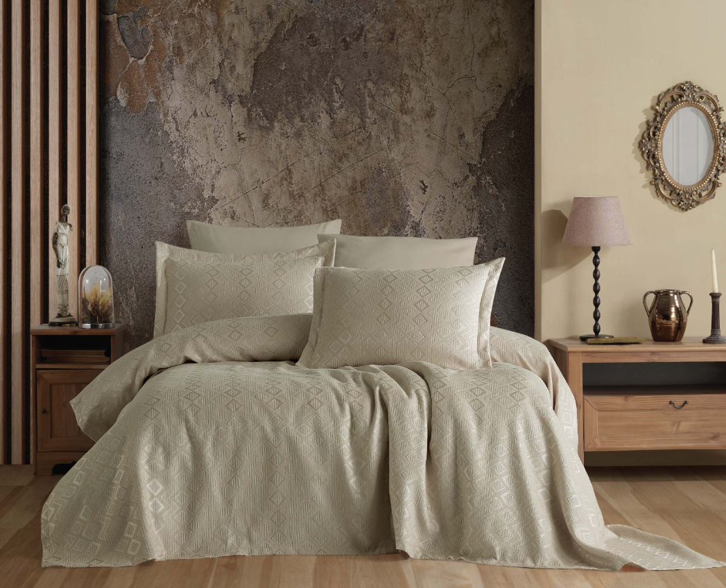 Покривало на ліжко євро розмір 240х260 з наволочками, покривало з прострочкою на двоспалку Бежевий, фото 1