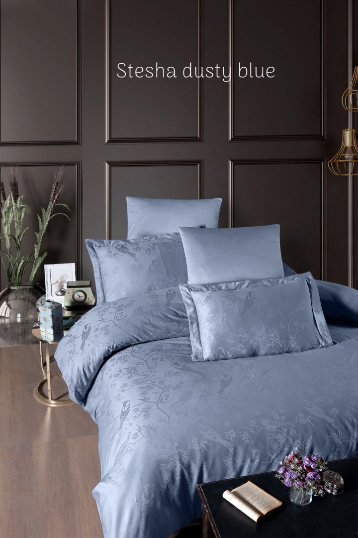 Постільна білизна First Choice сатин жакард Stesha dusty blue євро розмір, фото 1