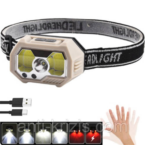 Ліхтар налобний SH-S31-XPE+COB (white+red), Motion Sensor, вбудований акумулятор, ЗП Type-C, Box