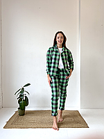 Новинка! Комфортна домашня жіноча піжама 3-я COSY у клітинку зелену/чорна (сорочка + штани + футболка)