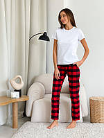 Новинка! Пижамный домашний комплект женский COSY в ячейку красный/черный. (штаны + белая футболка)