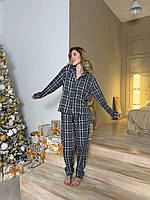 Новинка! Домашняя женская пижама COSY в клетку серо/черная (рубашка+штаны) Подарок к празднику
