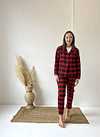 Новинка! Женская пижама удобный домашний костюм 3-я в клетку COSY (штаны+рубашка+футболка) красно/черный