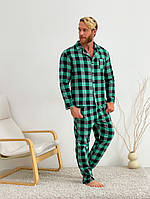 Новинка! Пижама мужская COSY из фланели (брюки+рубашка) клетка зелено/черная