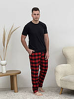 Новинка! Домашня піжама для чоловіків COSY з фланелі (штани + футболка чорна) червоно/чорні