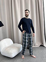 Новинка! Мужские брюки пижамные COSY домашние из фланели в клетку сине-зеленые