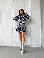 Короткое цветочное платье рубашка с расклешенной юбкой с оборками (р. 42-52) 2py5549 Темно-синий, 50/52
