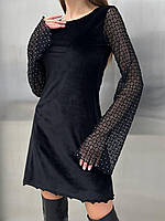 Черное платье велюровое приталенное с расклешенными рукавами из сетки (р. 42-48) 2py5560