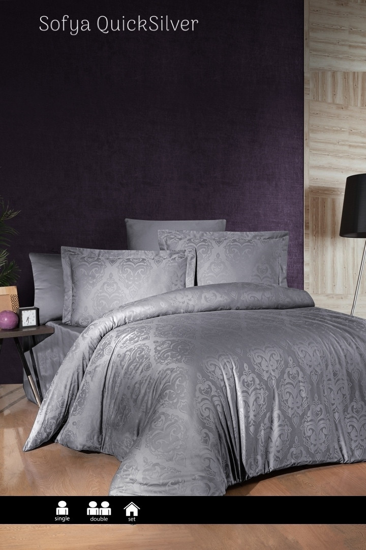 Постільна білизна First Choice сатин жакард Sofya Quicksilver євро розмір, фото 1