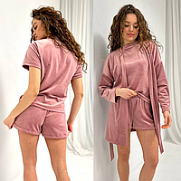Женская велюровая пижама Больших размеров тройка БАТАЛ Домашний костюм из велюра с халатом Турция пудра