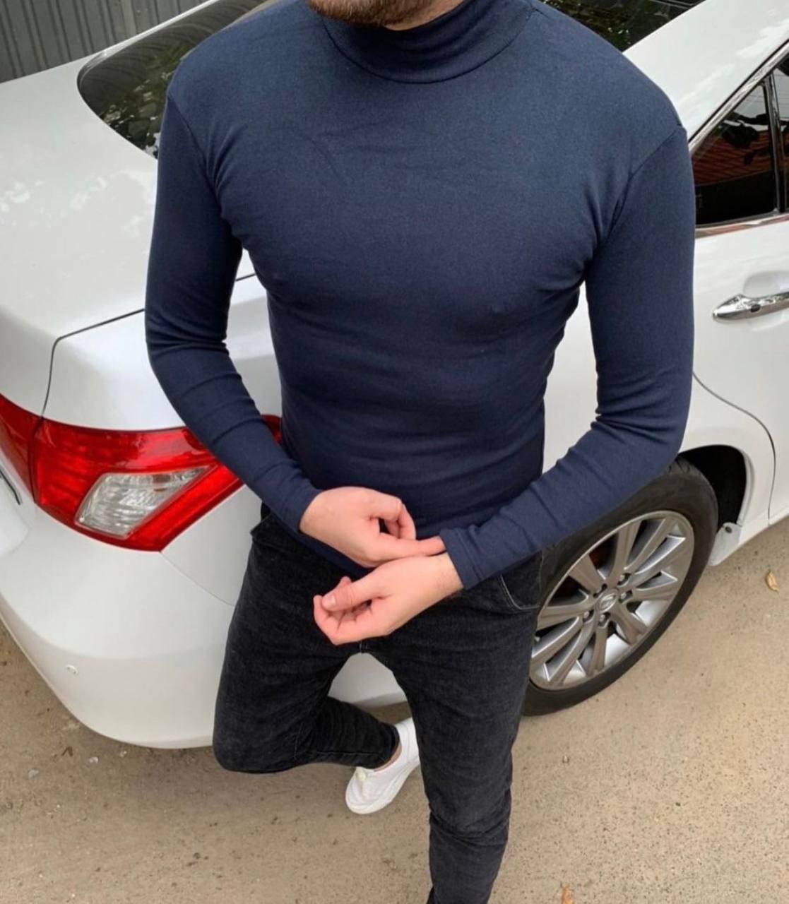 Чоловічий гольф Basic у синім кольорі, трикотажна, еластична кофта під горло, щільна водолазка, розмір S-3XL, фото 1