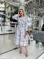 Романтичное классическое платье А-силуэта свободного фасона под пояс с воланом по низу в цветочный принт 42/44, Белый