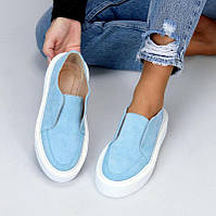 Женские замшевые лоферы туфли стильные молодежные голубые натуральная замша