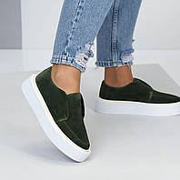 Женские замшевые лоферы туфли стильные молодежные зеленые натуральная замша 37