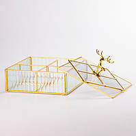 LUGI Шкатулка для украшений Золотой олень прямоугольная стекло с металлическим каркасом 18х18,5 см
