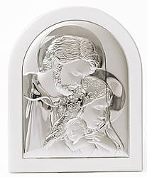 Ікона Святе Сімейство 14,7х18см срібна аркової форми на білому дереві