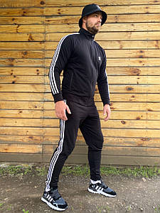 Стильный весенний спортивный костюм мужской Adidas черный с лампасами на молнии на парня мужчину прогулочный