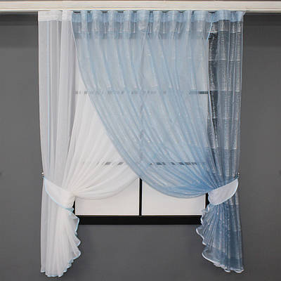 Кухонний комплект (330х170см.), шторки з підв'язками. Колір молочний з блакитним. Код 101к 52-0308