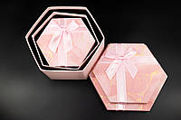 Коробка подарочная шестиугольная с бантиком. 3шт/комплект. Цвет розовый. 19х10см