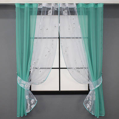 Кухонні шторки (270х170см.), на карниз 1,5м. Колір бірюзовий з білим. Код 083к 52-0719