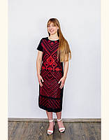 Сукня жіноча з чорна лляна "Trypils'ka" з червоною вишивкою короткий рукав S