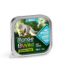Влажный корм Monge Cat Bwild Gr.free Adult для кошки, паштет треска и овощи 100 гр
