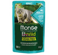 Влажный корм Monge Cat Bwild Gr.free adult для кошки треска, креветки и овощи 85 гр х 1 шт