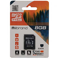 Карта пам'яті Mibrand MicroSDHC 8Gb 10 Class з адаптером універсальний носій інформації внутрішня пам'ять