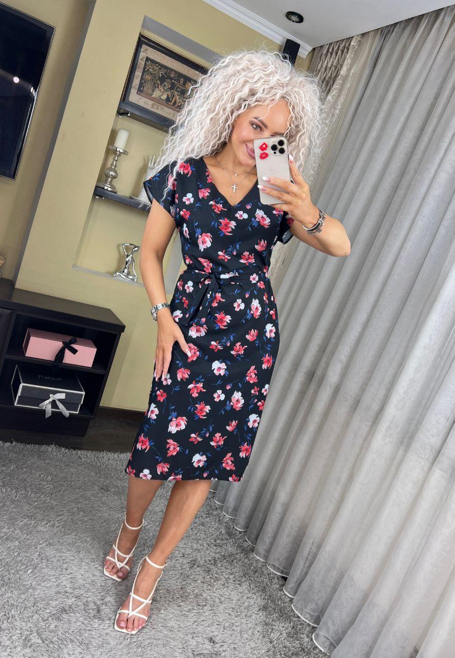 Модна жіноча сукня по коліно софт у квітковий принт із поясом (Розміри 42-46), Темно-синя