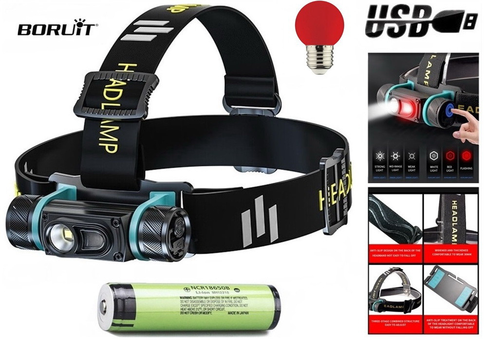 Налобний ліхтар Boruit HC65 з червоним світлом (1200LM, XPG LED, USB, 3 спектра світла, Акумулятор 18650, IPX6)