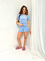 Жіночий комплект трійка. Піжама блакитна з шортами. Одяг для сну і відпочинку., фото 2