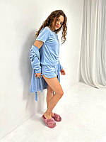 Жіночий комплект трійка. Піжама блакитна з шортами. Одяг для сну і відпочинку., фото 9