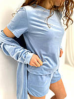 Жіночий комплект трійка. Піжама блакитна з шортами. Одяг для сну і відпочинку., фото 6