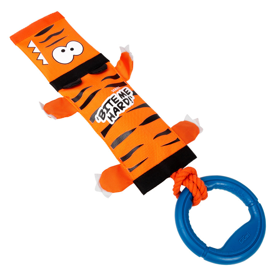 Іграшка для собак Тигр на мотузці з ручкою з пискавкою GiGwi Bite me hard, поліестер, 55 см