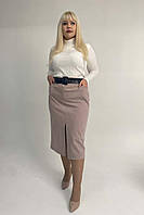 Вельветовая женская юбка пудра длины ниже колен с разрезом, больших размеров 48-50 и 52-54