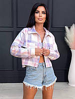 Укороченный женский пиджак-рубашка кашемир в клетку 42-48 46/48, Розовый