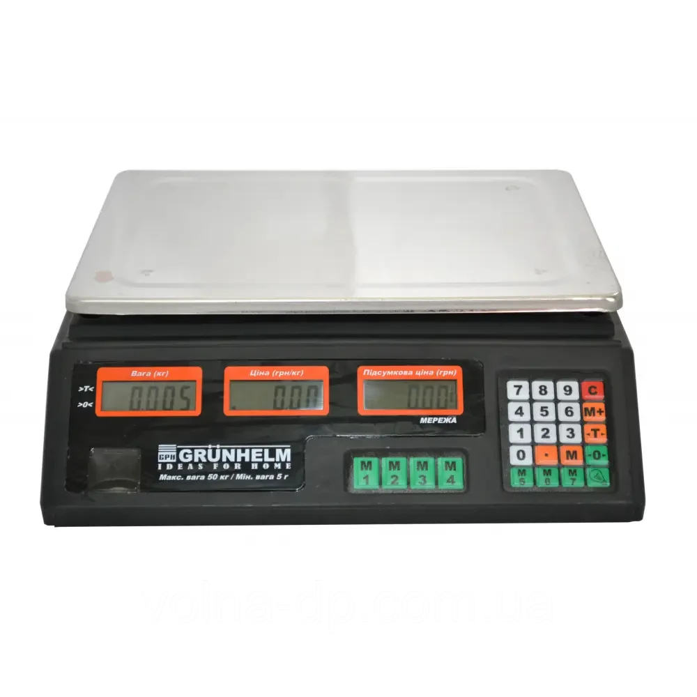 Торгові ваги Grunhelm GSC‑051 до 50 кг платформа з нержавіючої сталі живлення від мережі та акумулятора ЖК-дисплей, фото 1