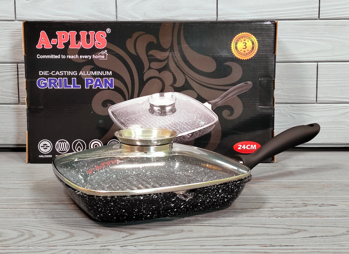 Сковорода — гриль із мармуровим покриттям 24 см A-Plus GP-1496 / Сковорідка з литого алюмінію, фото 1