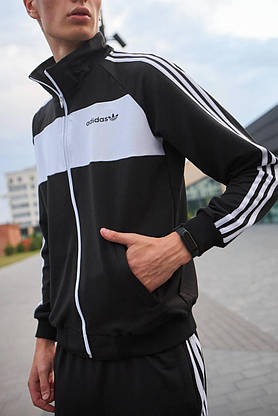 Мужской спортивный костюм Adidas черный с молнией без капюшона весна-осень костюм с лампасами модный стильный, фото 3