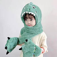 Шапка Динозавр дитяча 3в1 зелена з вушками та шарфом і рукавичками, капор