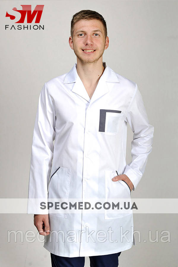 Медичний чоловічий халат Класік, довгий рукав. ELIT COTTON. Білий+асфальт