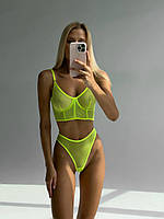 Жіночий салатовий неон комплект нижньої білизни з сіточки "Green Neon Set"